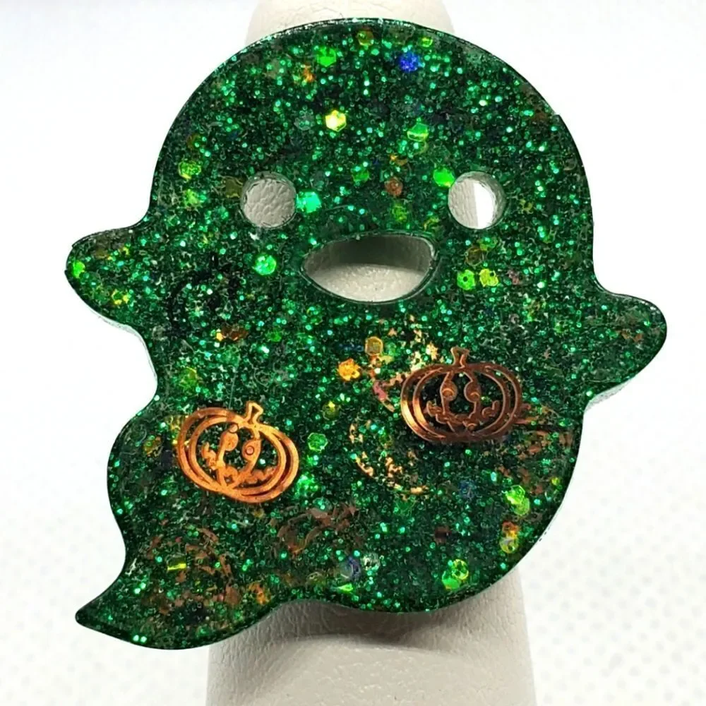 Halloween Green Sparkly Ghost Adjustable Ring